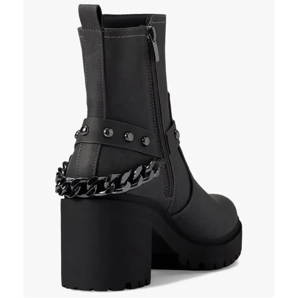 Nine West Womens Quinda Size 7.5M Gray Ankle Boots Buckle Chain Block Heel Motto